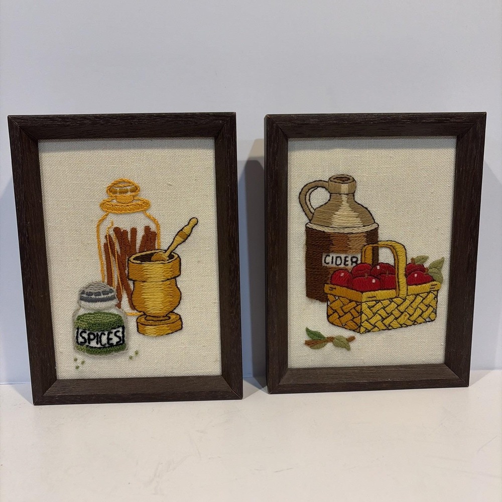 VTG MCM Crewel Embroidery 70s Boho Kitchen Spices Apple Cider Jiffy Stitchery